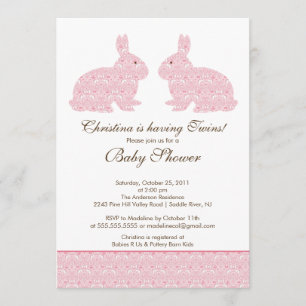 Twins Damask Bunny Baby Shower Invitation Girl