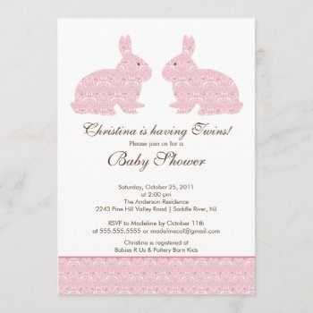 Twins Damask Bunny Baby Shower Invitation Girl by celebrateitinvites at Zazzle