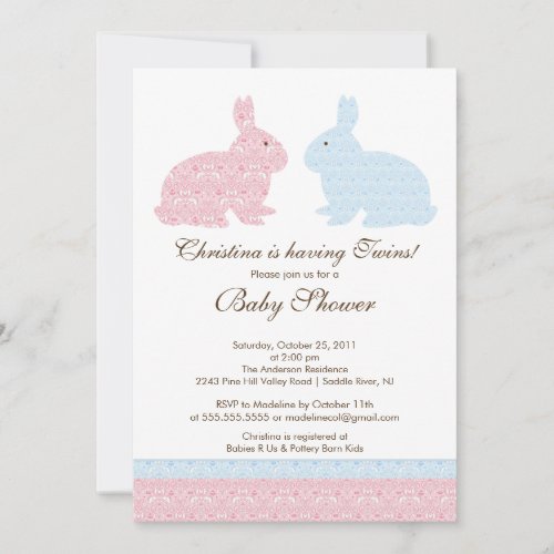 Twins Damask Bunny Baby Shower Invitation Girl Boy