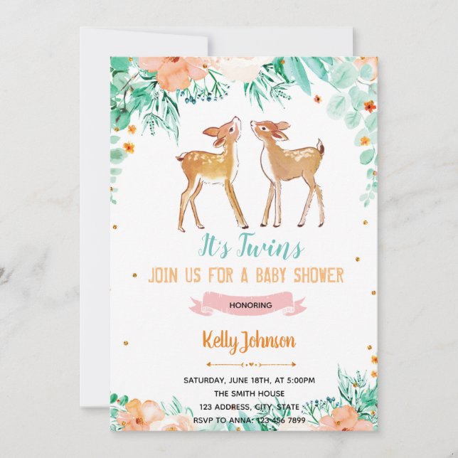 Twins deer baby shower invitation (Front)