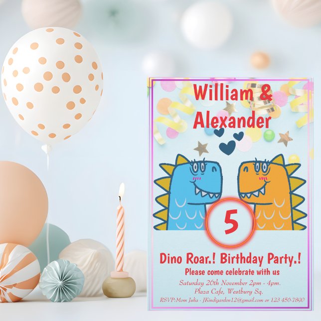 Twins Dino Roar Birthday Party  Invitation (Twins Dino Roar Birthday)