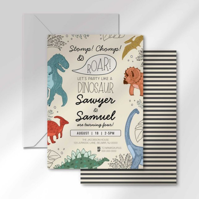 Twins Dinosaur Birthday Invitation Colorful (Creator Uploaded)