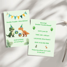 Twins Dinosaur Birthday Invitation  Double Trouble
