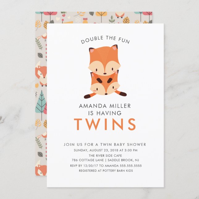 Twins Double the Fun Fox Baby Shower Invitations (Front/Back)