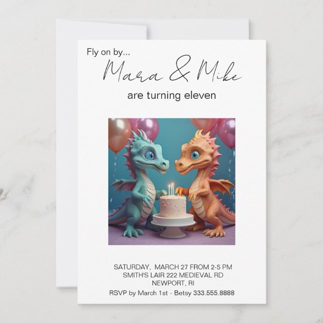 *~* TWINS Dragon Cake Photo AP88 Birthday Party Invitation (Front)