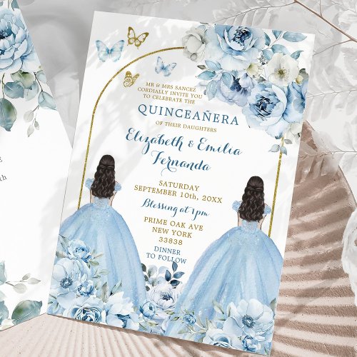Twins Dusty Blue Mexican Quinceaera Princesses Invitation
