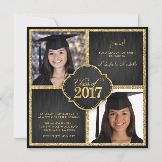 Twins! Elegant Black & Gold Glitter Class of 2017 Invitation (Front)