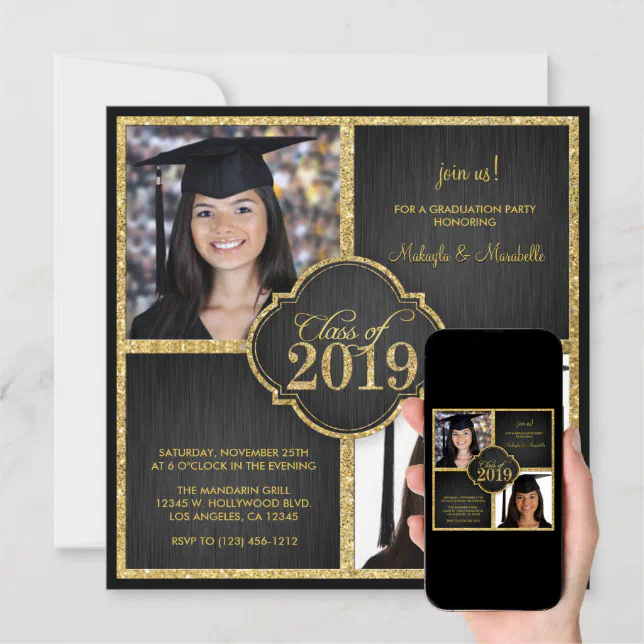 Twins! Elegant Black & Gold Glitter Class of 2019 Invitation | Zazzle