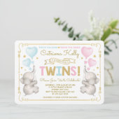 TWINS Elephant Baby Shower Blue Pink Gold Invite (Standing Front)