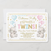 TWINS Elephant Baby Shower Blue Pink Gold Invite (Front)