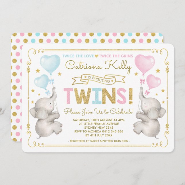 TWINS Elephant Baby Shower Blue Pink Gold Invite (Front/Back)