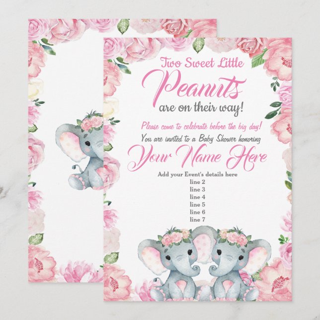 Twins Elephant Baby Shower Invitation roses pink (Front/Back)