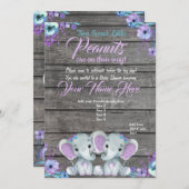 Twins Elephant Baby Shower Invitation rustic, teal (Front/Back)