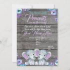 Twins Elephant Baby Shower Invitation rustic, teal