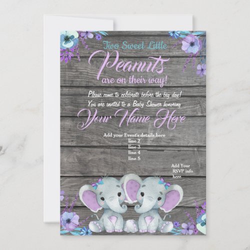 Twins Elephant Baby Shower Invitation rustic teal