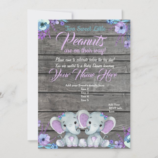 Twins Elephant Baby Shower Invitation rustic, teal (Front)
