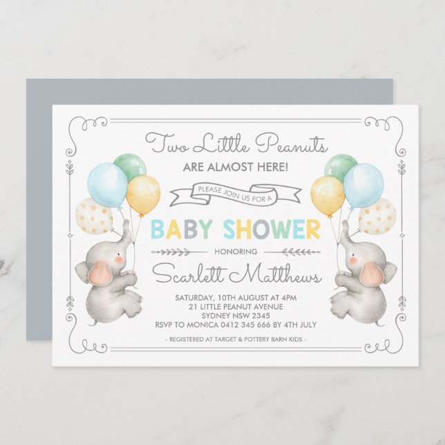 Twins Elephant Baby Shower Pastel Balloons Invite (Front/Back)