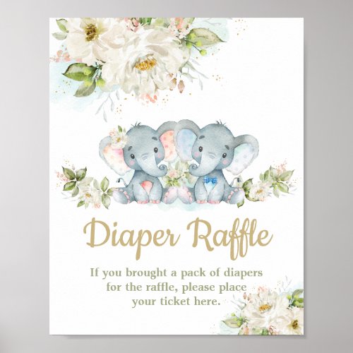 Twins Elephant Boy Girl Baby Shower Diaper Raffle Poster