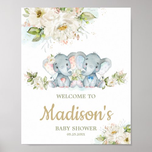 Twins Elephant Boy Girl Baby Shower Welcome Sign