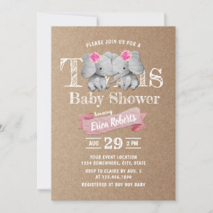 Twins Elephant Rustic Kraft Girl Baby Shower Invitation