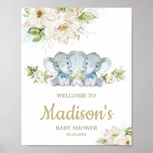Twins Elephant Twin Boys Baby Shower Welcome Sign