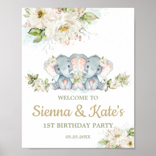 Twins Elephant Twin Girls 1st Birthday Welcome Poster