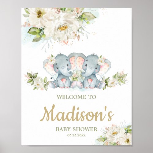 Twins Elephant Twin Girls Baby Shower Welcome Sign