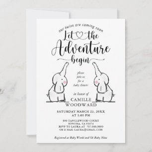 Twins Elephants Baby Shower Invitation
