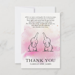Twins Elephants Baby Shower Thank You Card