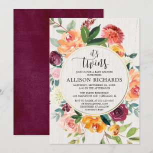 Twins fall baby shower, Twin girls or boy floral Invitation