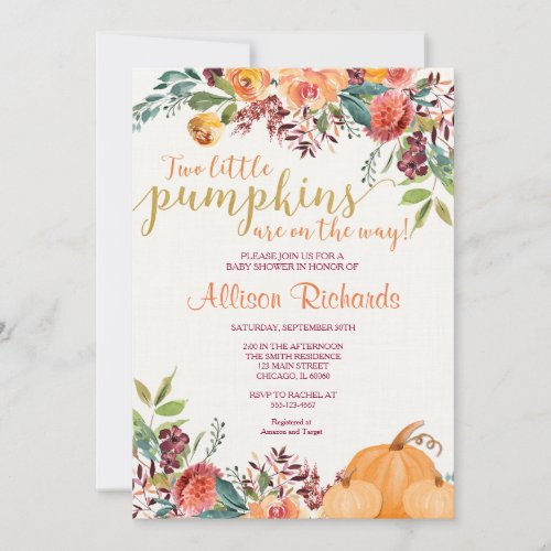 Twins fall baby shower two little pumpkins invitation