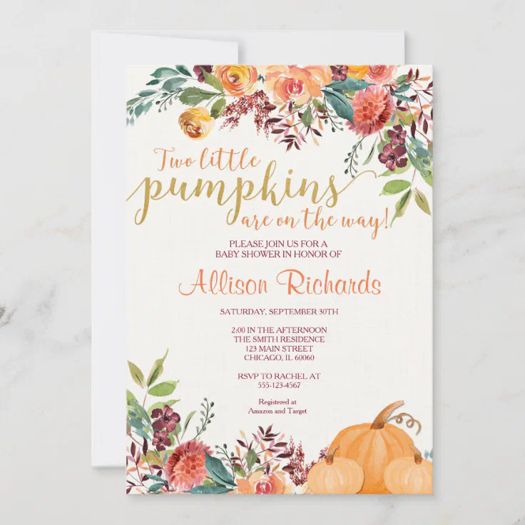 Twins fall baby shower, two little pumpkins invitation | Zazzle