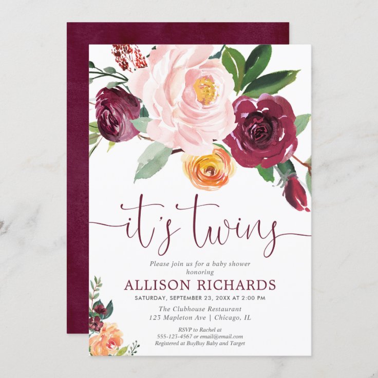 Twins Fall Floral, Blush Pink Burgundy Baby Shower Invitation 