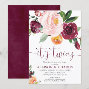 Twins fall floral, blush pink burgundy baby shower invitation