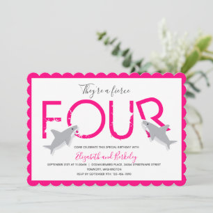 Twins Fierce Four Hot Pink Shark Birthday Invitation