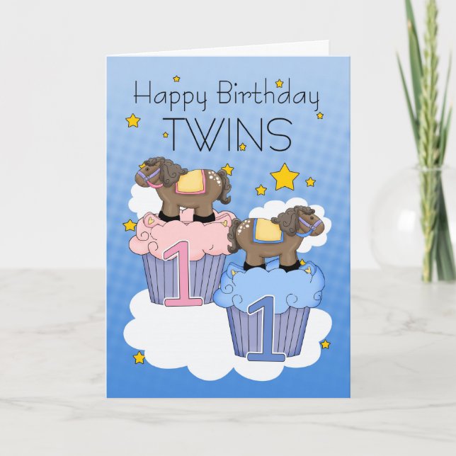 Twins First Birthday Card - Two Little Ponies (Front)