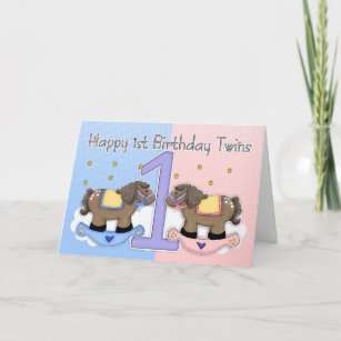 Twins First Birthday Card - Two Little Ponies