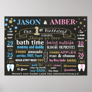 Twins first birthday chalkboard sign poster