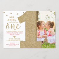 Twins First Birthday Gold & Pink Invitation