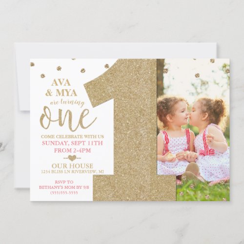 Twins First Birthday Gold  Pink Invitation