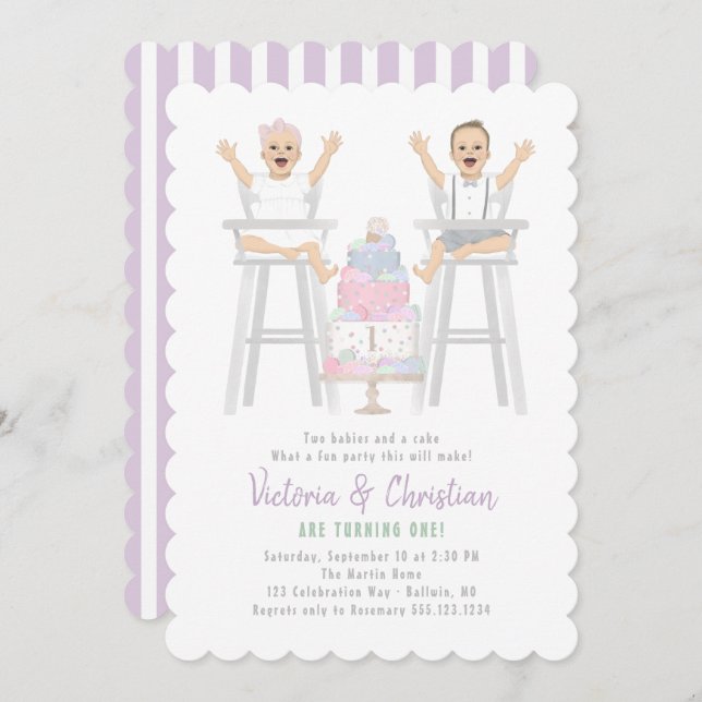 Twins First Birthday Smash Cake Invitation (Front/Back)