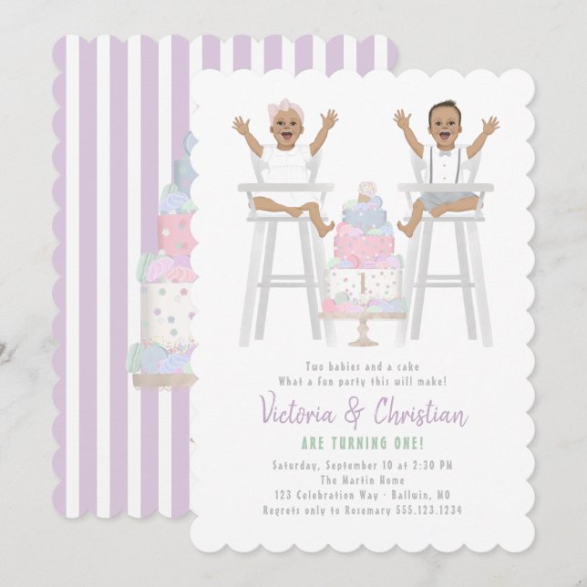 Twins First Birthday Smash Cake Invitation (Front/Back)