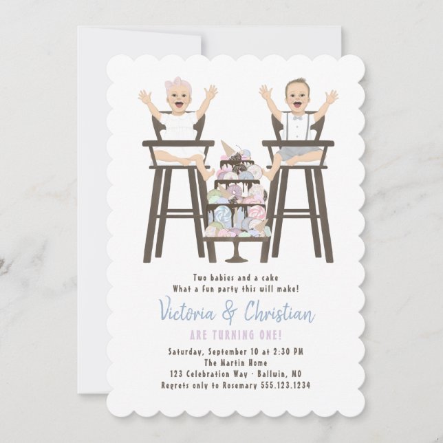 Twins First Birthday Smash Cake Invitation (Front)
