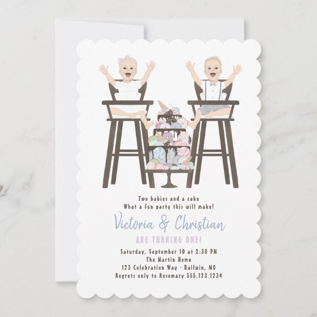 Twins First Birthday Smash Cake Invitation (Front)