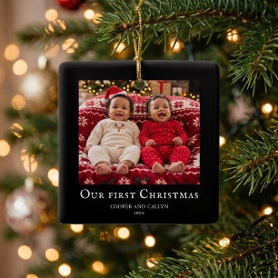 Twins First Christmas baby photo Black Ceramic Ornament