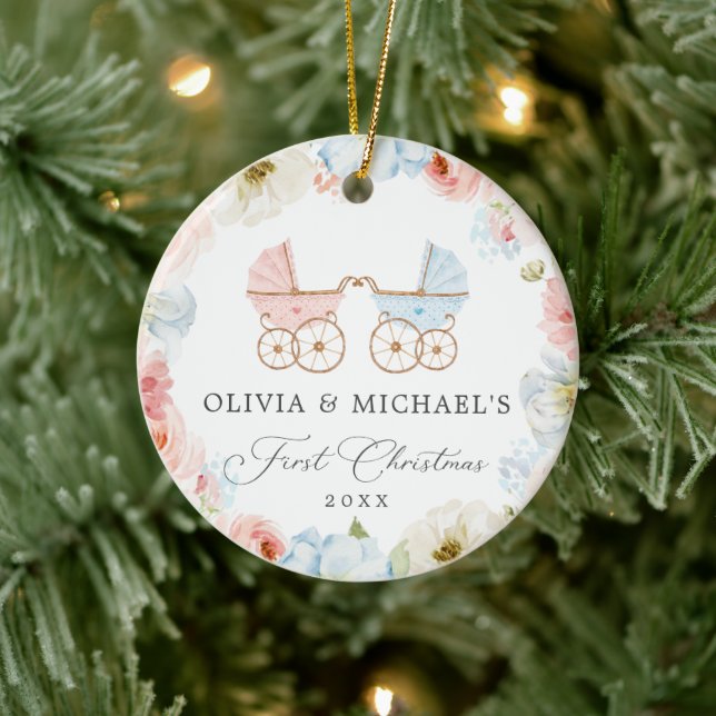 Twins First Christmas Boy and Girl Ceramic Ornamen Ornament (Tree)