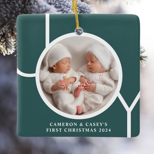 Twins First Christmas Custom Photo Green  Ceramic Ornament