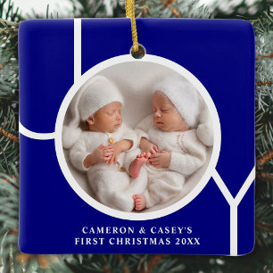Twin's First Christmas Custom Photo Joy Blue Ceramic Ornament