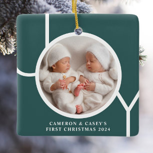 Twin's First Christmas Custom Photo Joy Green Ceramic Ornament