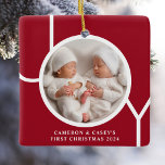 Twin's First Christmas Custom Photo Red  Ceramic Ornament<br><div class="desc">This twin's cute keepsake Christmas photo ornament is decorated with the word JOY in white typography on a red background.
Easily customizable with your photo,  name,  and year.</div>